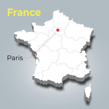 France 3d map with borders of regions and it&rsquo;s capital