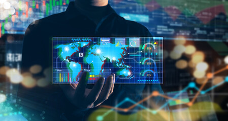 Businessmen use technology to do international trade on a global scale, represented by graphs. Market share in different continents