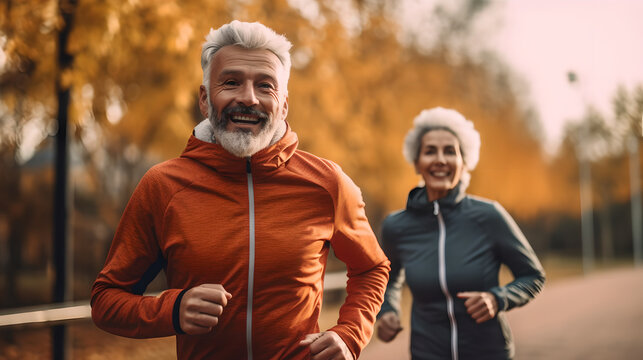 Portrait Of Active Senior Couple Running Together In The Park Stadium, Happy Elderly Couple In Morning Run Outside In City Park