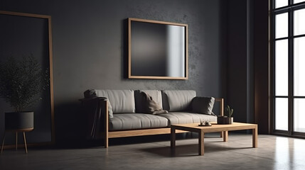 Interior mock up of a blank wooden framed blank poster in a gray living room with a wooden couch, a coffee table with a vase and books, and an armchair.
