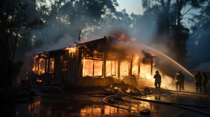 Firefighters valiantly battling a house fire, using powerful hoses to douse the flames