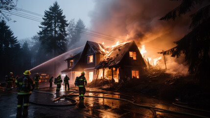 Firefighters courageously battling a house fire, armed with water hoses and wearing protective gear