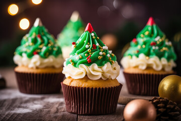 Beautiful and delicious Christmas festive cupcakes. Generative AI.	