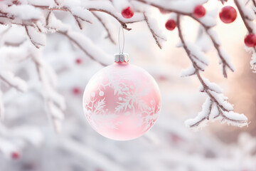 Merry Christmas and Happy New Year greeting card with a ball hanging on a frosty branch. Generative AI.