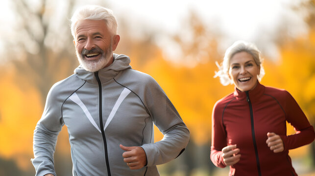 Portrait Of Active Senior Couple Running Together In The Park Stadium, Happy Elderly Couple In Morning Run Outside In City Park