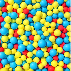 Colorful beach balls in varying sizes and vibrant hues, including shades of blue, red, and yellow