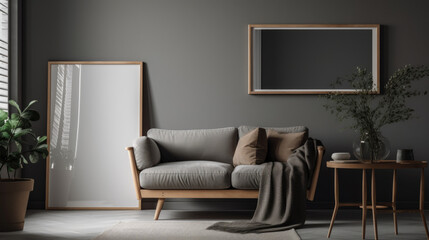 Interior mock up of a blank wooden framed blank poster in a gray living room with a wooden couch, a coffee table with a vase and books, and an armchair.