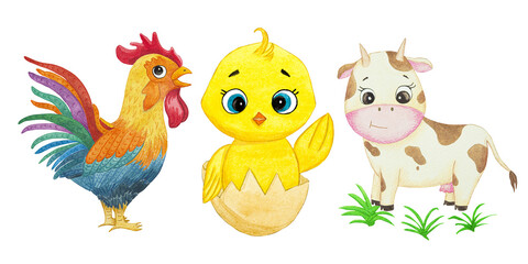 Cute cartoon farm animals. rooster, chicken, cow. watercolor illustration