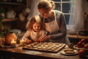 Eine Mutter b&auml;ckt mit ihrer Tochter Pl&auml;tzchen f&uuml;r Weihnachten