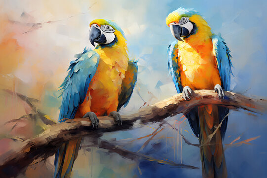 The parrot sits on a branch with beautiful flowers. Oil painting in the style of impressionism.