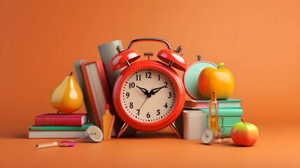 Back to school theme with orange alarm clock with school equipment and red apple on orange background - Powered by Adobe