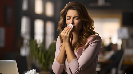 Fototapeta premium Sick young businesswoman using a tissue while sneezes while walking on the street
