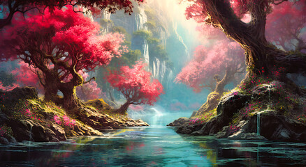 Fototapeta premium Within the animated forest, lively trees and flowers create a kaleidoscope of color a dynamic tapestry of nature's enchantment.