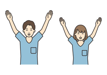 万歳をする看護師の女性と男性のイラスト