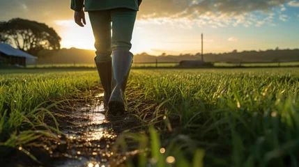 Rolgordijnen A farmer walks across a green field in welly boots at sunrise © Fred