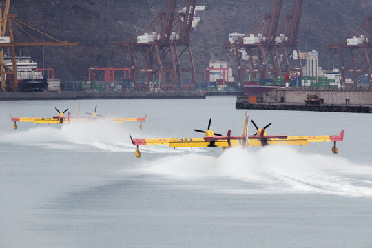 Canadair CL-415 Water Scooper Taking Off from Santa Cruz de Tenerife Harbor, Canary Islands