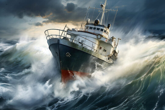 A cargo or fishing ship is caught in a severe storm. Ship at sea on big waves. The threat of shipwreck. Element in the ocean. The hard work of a sailor.