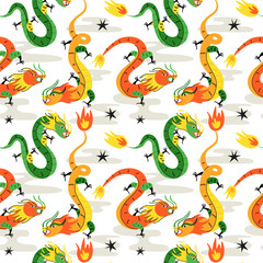 Chinese dragon pattern. Modern colorful traditional New Year zodiac animal, seamless background, 2024 Horoscope. Asian lunar calendar trendy decor textile, wrapping, wallpaper, vector illustration