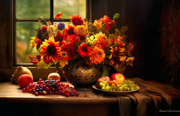 A table adorned with a vibrant bowl of colorful flowers, adding a burst of nature's beauty to the surroundings.