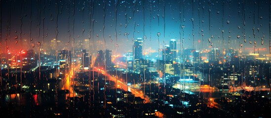 Urban landscape, panorama of a night city with rain.