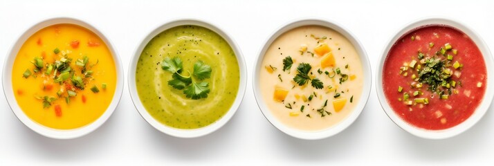 Colored vegetable cream soups. Assortment of vegetarian soups in a line on a white background. The concept of organic food. Top view, banner. Generative ai