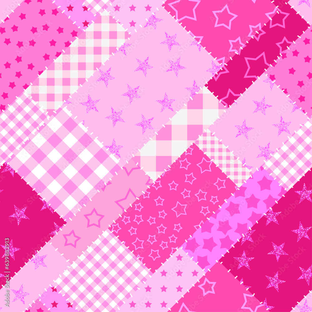 Fototapete Textille patchwork pattern. Pink pattern in Barbie style. Seamless Vector image.