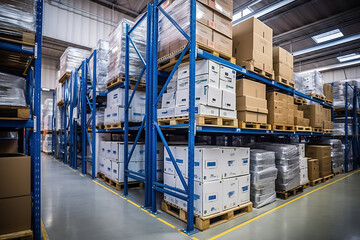 A large warehouse filled with neatly stacked plastic containers and boxes. Large space for storing and moving goods. Logistics. Trade in the modern world.