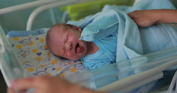 A mother shakes her baby in a cradle for newborns in the maternity hospital