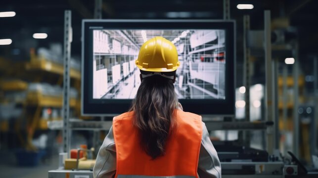 Back View Of Engineer Woman In Safety Helmet And Uniforms On Big Screen Monitor Computer Working Control Machine In Factory