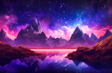 Foto op Canvas Amidst mountain peaks, an abstract landscape in shades of blue and purple unfolds an imaginative fusion of colors shaping the scenery. © Taslima