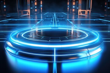 Abstract technology hud interface hologram elements neon lights, circle percent vitality innovation on hi tech future design. Generative AI