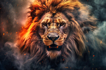A majestic lion stands against a dark backdrop, framed by billowing clouds that add a touch of drama to its presence.