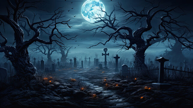 Beneath the radiant full moon, Halloween's eerie enchantment captivates the courageous, even in the cemetery's depths