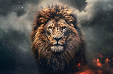 Fototapeta premium A lion's powerful form is silhouetted against a dark backdrop, enhanced by the ethereal presence of clouds unfurling behind.