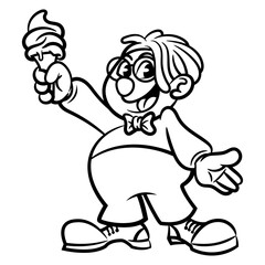 Cartoon illustration of a Man wearing clown costume and selling an ice cream for children, best for outline, logo, mascot and coloring book with startup business themes for kids
