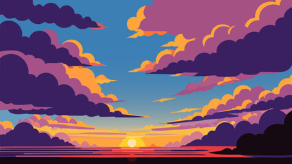 Painting of a sunset with clouds and a sun setting in the distance with a blue sky and a red sun, colorful clouds, vector art, color field. Cartoon anime background. Vector illustration.