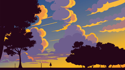 Painting of a sunset with clouds and trees in the foreground and a clock tower in the distance, colorful clouds, an ultrafine detailed painting, american scene painting. Cartoon anime background.