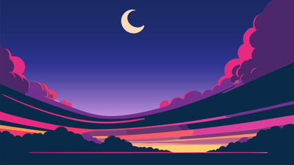Landscape with a crescent and a moon in the sky above it, with a purple and blue background, colorful flat surreal design, vector art, retrofuturism. Cartoon anime background.