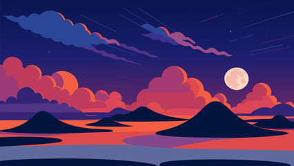 Landscape with mountains and clouds at night time with a full moon in the sky above them and a few clouds, night sky, a matte painting, space art. Cartoon anime background.