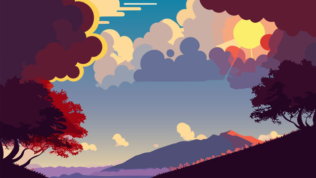 Landscape with trees and mountains in the background with a sky full of clouds and sun shining through the clouds, colorful clouds, a matte painting, environmental art. Cartoon anime background.