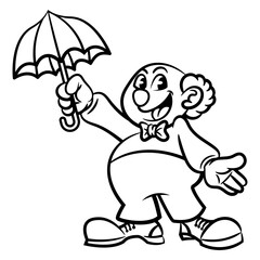 Cartoon illustration of a Funny Clown playing with umbrella at carnival. Best for outline, logo, mascot, and coloring book with circus themes for kids