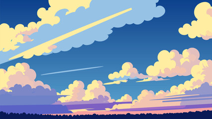 Painting of a sky with clouds and a plane in the sky above it with a blue sky and yellow clouds, vector art, space art. Cartoon anime background.