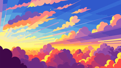 Painting of a sunset with clouds and sunbeams in the sky and a blue sky with clouds, colorful clouds, a storybook illustration, color field. Cartoon anime background.