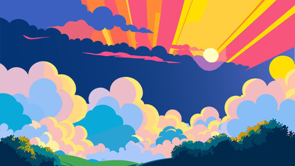 Painting of a sunset over a green field with trees and hills in the background and a blue sky with clouds, colorful clouds, a storybook illustration, color field. Cartoon anime background.