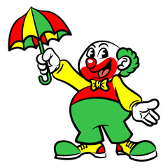 Cartoon illustration of a Funny Clown playing with umbrella at carnival. Best for sticker, logo, and mascot with circus themes for kids