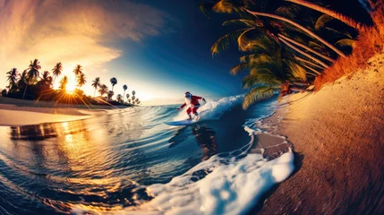  Santa Claus is having a happy surf vacation in the tropical coast with palm trees © nnattalli