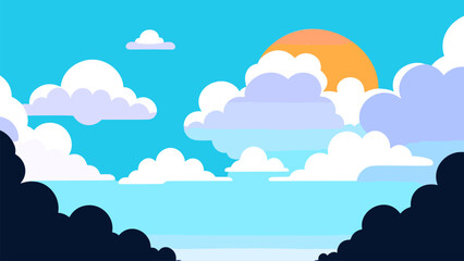 Cartoon of a sunset with clouds and a sun in the sky above it and a blue sky with white clouds, colorful clouds, a matte painting, color field. Cartoon anime background.