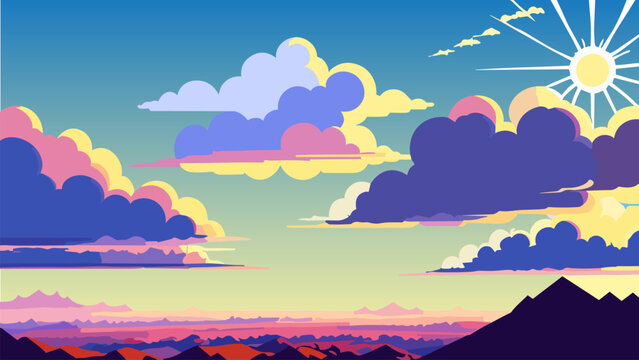 Painting of a sunset with clouds and mountains in the background and a bird flying in the sky above, colorful clouds, vector art, space art. Cartoon anime background.