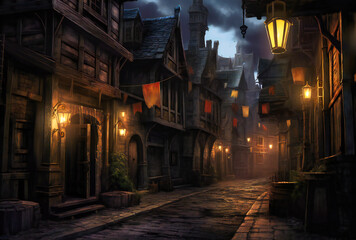 Fototapeta premium Amidst the night, a dimly lit narrow street is adorned with lanterns, creating an intimate and enchanting nocturnal ambiance