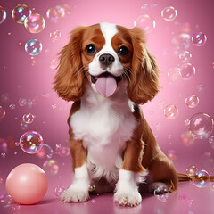 Cavalier king Charles spaniel with soap bubbles. Cute.